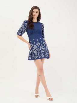 ELLE - Women Blue Pure Cotton Round Neck Dress