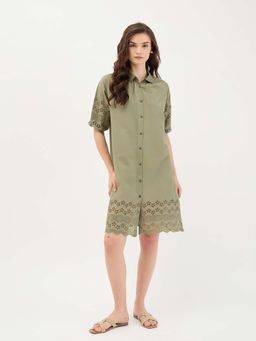 ELLE - Women Green Pure Cotton Collar Neck Dress