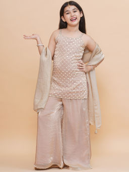 PICCOLO - Beige Mirror Work Tissue Short Kurti with Palazzo & Dupatta (Set of 3)