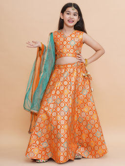 PICCOLO - Orange Silk Cut Out Blouse with Scalloped Lehenga & Dupatta (Set of 3)
