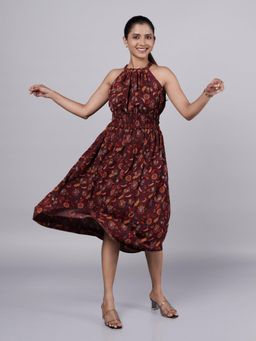 French Theory - Maroon Dobby Printed Flared Dress - Brown