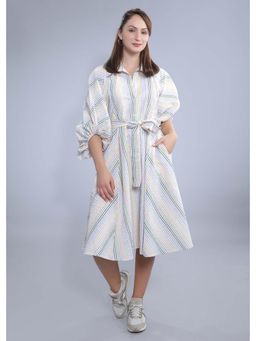 French Theory - White Seer Sucker Stripe Flared Dress with Belt
