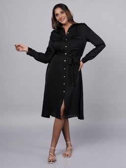French Theory - Crushed Satin Black Shirt Dress with Belt