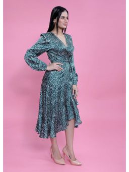 French Theory - Satin Printed A-Line Wrap Around Dress - Green