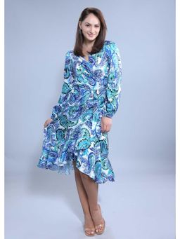 French Theory - Satin Printed A-Line Wrap Around Dress - Blue