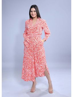 French Theory - Crush Crepe Printed A-Line Dress with Belt- Orange