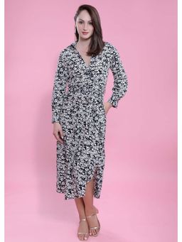 French Theory - Crush Crepe Printed A-Line Dress with Belt - Black