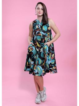 French Theory - Black Floral Printed A-Line Knee Length Dress