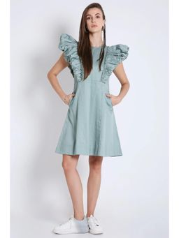 French Theory - Playful Short Dress with Fluffy Sleeve Detail - Sage Green