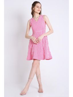 French Theory - Checks Short Fit and Flared Sleeveless Dress Pink