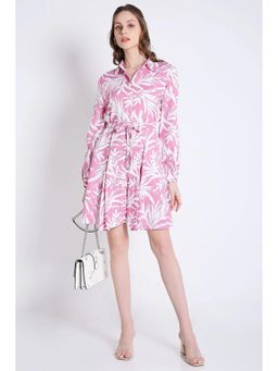 French Theory - Pink Printed and Flared Long Sleeve Dress with Belt