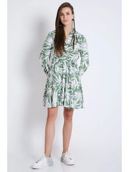 French Theory - Green Printed and Flared Long Sleeve Dress with Belt
