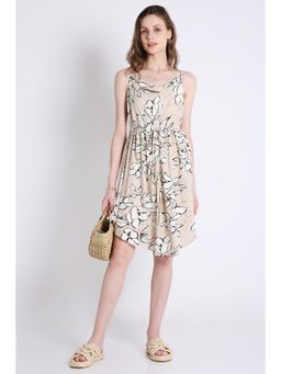 French Theory - Printed Short Cowl Neck Summer Dress - Beige