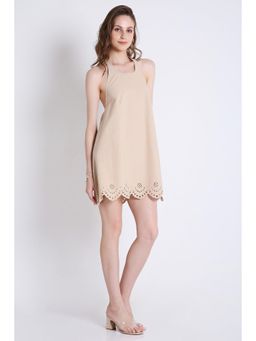 French Theory - Beige Halter Neck Schiffli Embroidery Detailed Dress