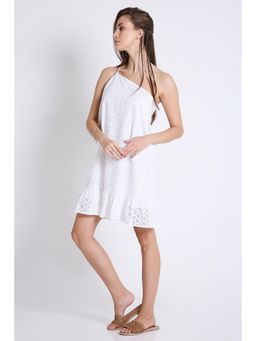French Theory - Schiffli Embroidered Oblique Shoulder Mini Dress - White
