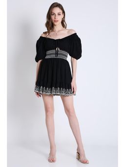 French Theory - Peasant Neck Flared Dress with Contrast Embroidery Detail - Black