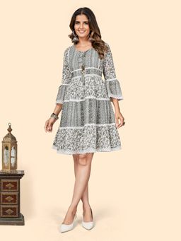 Vbuyz - Women Printed Flared Cotton Grey Stitched Dress
