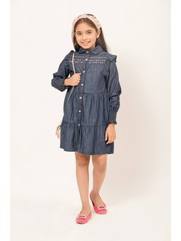 One Friday - Girls Varsity Chic Denim Blue Dress with Pink Button