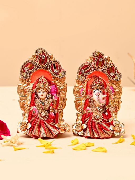 AAPNO RAJASTHAN Red & Golden Lakshmi Ganesh Idol (Set of 2)