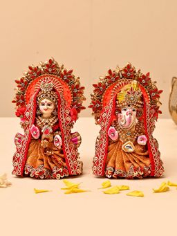 AAPNO RAJASTHAN - Orange Embellished Lakshmi Ganesh Idol (Set of 2)