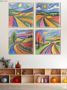 Nestroots - Serene Path Through Lush Landscape Kids Room Wall Painting Gold Floating Frame (Pack Of 4)