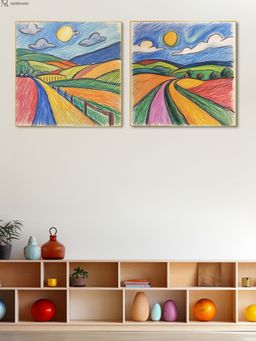 Nestroots - Crayon Hand Drawn Canvas Kids Room Wall Painting Gold Floating Frame (Pack Of 2)