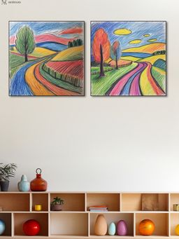 Nestroots - Colorful Crayon Hand Drawn Canvas Kids Room Wall Painting Black Floating Frame (Pack Of 4)