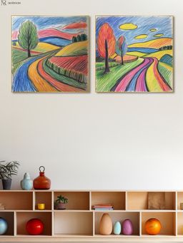 Nestroots - Colorful Crayon Hand Drawn Canvas Kids Room Wall Painting Gold Floating Frame