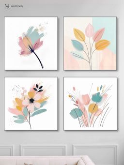 Nestroots - Elegant Blooming Flowers Painting Collection Wall Painting Black Floating Frame (Pack Of 4)