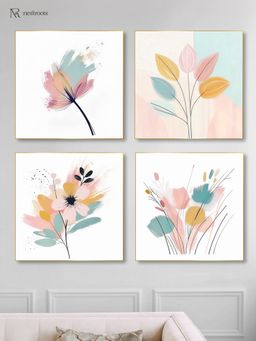 Nestroots - Elegant Blooming Flowers Painting Collection Wall Painting Gold Floating Frame (Pack Of 4)