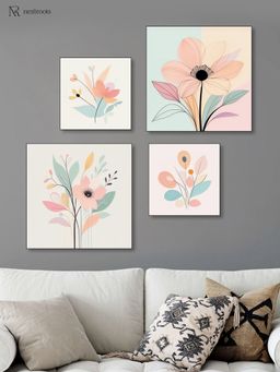 Nestroots - Sophisticated Floral Art Quartet Wall Painting Black Floating Frame (Pack Of 4)