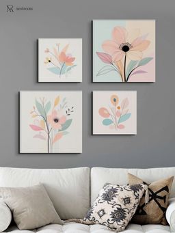 Nestroots - Sophisticated Floral Art Quartet Wall Painting Multi-Color Stretch (Pack Of 4)