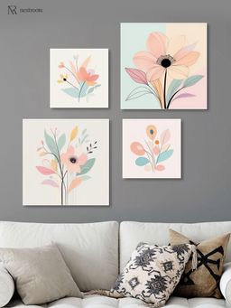 Nestroots - Sophisticated Floral Art Quartet Wall Painting White Floating Frame (Pack Of 4)
