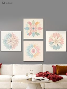 Nestroots - Harmonious Floral Beauty On Beige Canvas Painting Black Floating Frame (Pack Of 4)