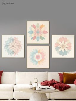 Nestroots - Harmonious Floral Beauty On Beige Canvas Painting Gold Floating Frame (Pack Of 4)