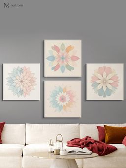Nestroots - Harmonious Floral Beauty On Beige Canvas Painting Multi-Color Canvas Stretch (Pack Of 4)