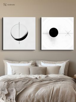 Nestroots - Modern Black and White Circles Canvas Wall Painting White Floating Frame (Pack Of 2)