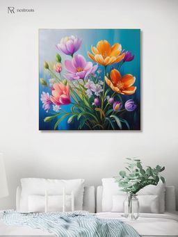 Nestroots - Vibrant Flowers On Blue Canvas Printed Wall Painting Gold Floating Frame