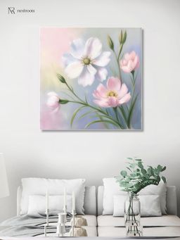 Nestroots - Delicate Pink and White Blooms Canvas Printed Wall Painting White Floating Frame