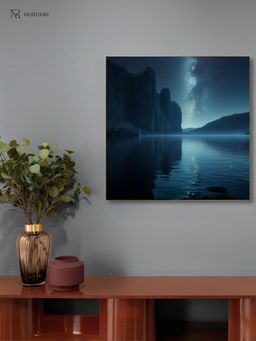Nestroots - Tranquil Lakeside Night Sky Canvas Printed Wall Painting Gold Floating Frame