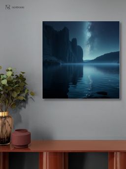 Nestroots - Tranquil Lakeside Night Sky Canvas Printed Wall Painting White Floating Frame