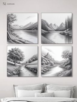 Nestroots - Serene River and Tree Art Printed Wall Painting Black Floating Frame (Pack Of 4)