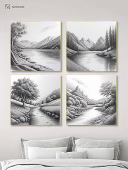 Nestroots - Serene River and Tree Art Printed Wall Painting Gold Floating Frame (Pack Of 4)