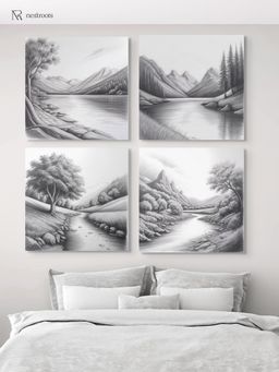Nestroots - Serene River and Tree Art Printed Wall Painting Multi-Color Stretch (Pack Of 4)