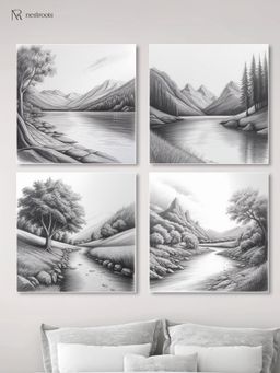 Nestroots - Serene River and Tree Art Printed Wall Painting White Floating Frame (Pack Of 4)