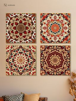 Nestroots - Vibrant Floral Art Collection Printed Wall Painting Gold Floating Frame (Pack Of 4)