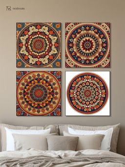 Nestroots - Traditional Floral Circle Collection Printed Wall Painting Black Floating Frame (Pack Of 4)