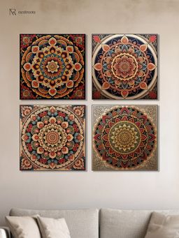 Nestroots - Vibrant Ornate Art Collection Printed Wall Painting Black Floating Frame (Pack Of 4)