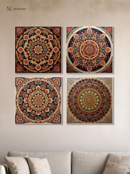 Nestroots - Vibrant Ornate Art Collection Printed Wall Painting White Floating Frame (Pack Of 4)