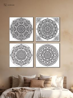 Nestroots - Colorable Circular Art Set Printed Wall Painting Black Floating Frame (Pack Of 4)